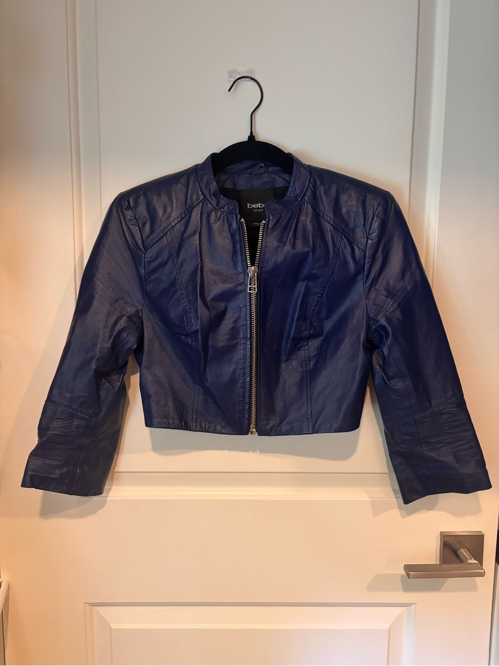 bebe Navy Cropped Faux Leather Jacket